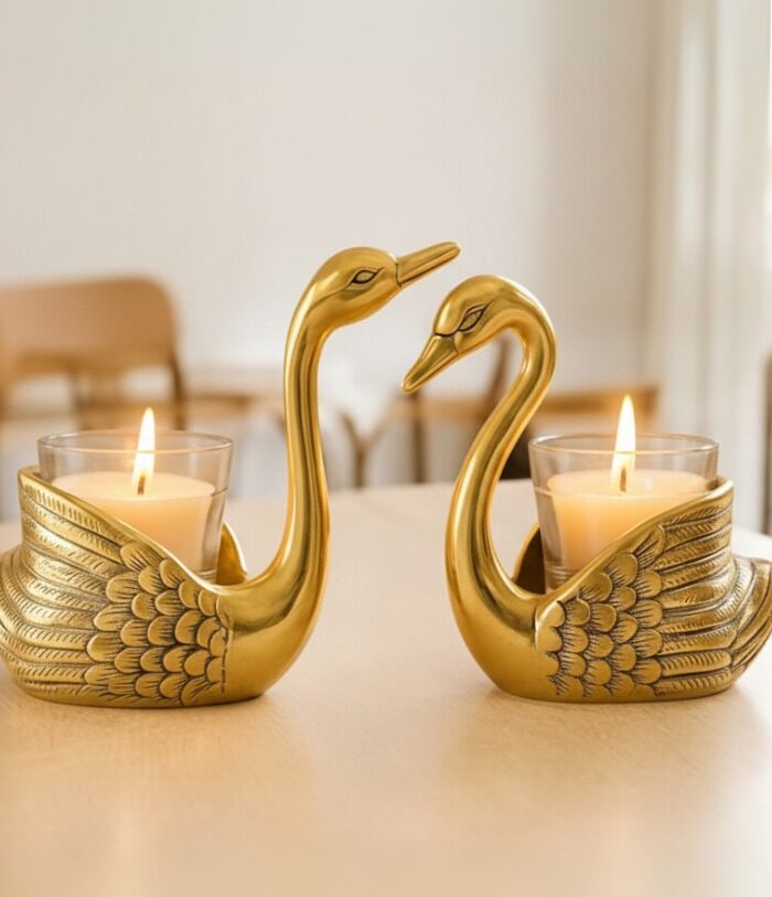 Home Decor Candle Holder Golden Swan - Set of 2 | Gold Antique Finish