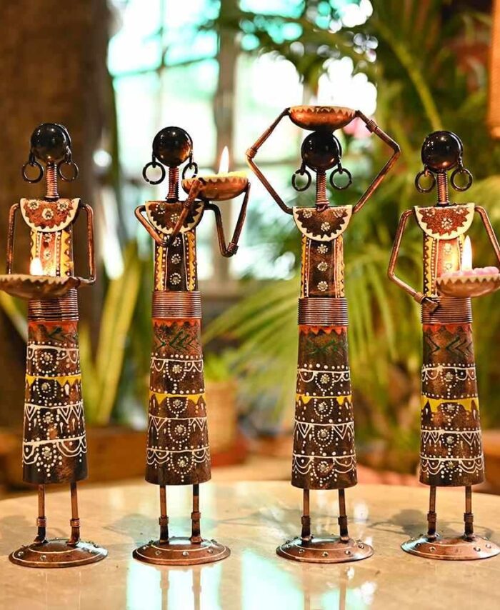 Tribal Lady Metal Figurine Set of 4